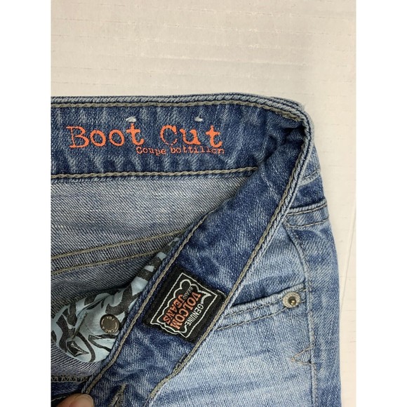 Genuine Volcom juniors size 3 Boot Cut blue jeans decorated back pockets - Picture 4 of 12